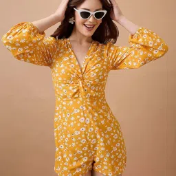 Globus Women Yellow V-Neck Floral Print Twisted Bishop Sleeve Playsuit image 1