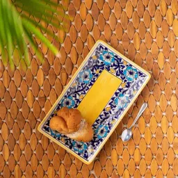 ExclusiveLane 'Badamwari Bagheecha' Yellow & Navy Ceramic Serving Platter - Set of 1-image-47