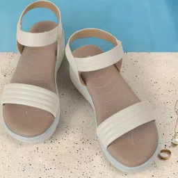 Mochi Women's Beige Ankle Strap Wedges image 1