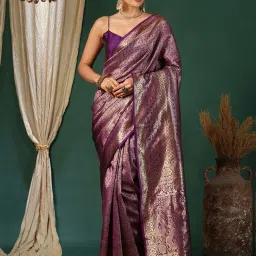 Satrani Purple Silk Blend Woven Saree With Unstitched Blouse image 1