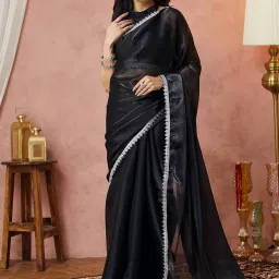 Satrani Black Tissue Silk Solid Saree With Unstitched Blouse image 1