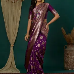 Satrani Purple Silk Blend Woven Saree With Unstitched Blouse image 1