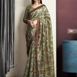 Satrani Green Cotton Blend Printed Saree With Unstitched Blouse image 1
