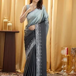 Satrani Black Satin Embellished Saree With Unstitched Blouse image 1