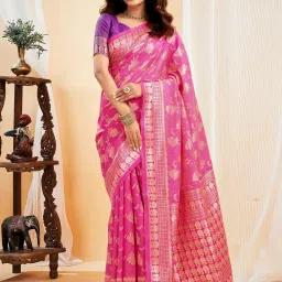 Satrani Pink Silk Blend Woven Saree With Unstitched Blouse image 1