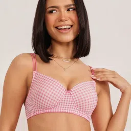 Clovia Pink Polyamide Regular fit Checkered Bra Sets image 1