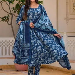 Berrylicious Women Floral Printed Cotton Anarkali Kurta with Trousers & Dupatta-image-15