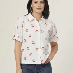 Style Quotient Women Texture White & Red Cherry Print Polyknit Shirt image 1
