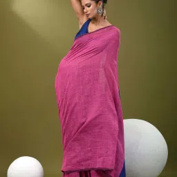 CHARUKRITI Pink Cotton Striped Saree With Unstitched Blouse image 1