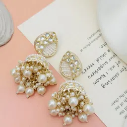 Abdesigns Gold-Tone Plated Kundan Studded And Beaded Minimal Dangler Earrings image 1