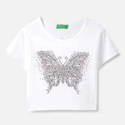 United Colors of Benetton Girls White Cotton Embellished T-Shirt image 1