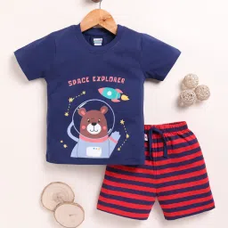 Bumzee Navy Cotton PrintedT-Shirt With Short for Boys image 1