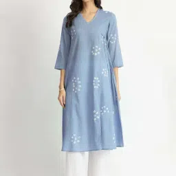 Pink Fort Blue Cotton A-Line Printed Kurtas-image-7