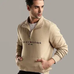 Tommy Hilfiger Beige Embroidered Logo Regular Fit Cotton Sweatshirt image 3