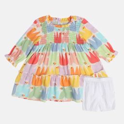 MINIKLUB Girls Multicolor Printed Full Sleeves Dress with Bloomers-picture-4