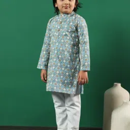 READIPRINT FASHIONS Kids Blue & White Embroidered Full Sleeves Kurta with Pyjamas image 4
