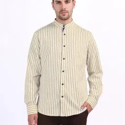 Iconic Mens Beige Striped Band Collar Shirt-image-47
