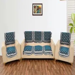 Fashion Throw Turquoise Blue & White 6 Pieces Floral Printed 5 Seater Jacquard Sofa Covers-image-87