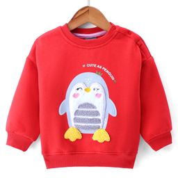 Little Kangaroos Cotton Fleece Knit Full Sleeves Drop Shoulder Sweatshirt with Penguin Patch Detailing - Red-picture-5