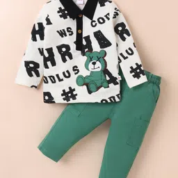 Wow Clothes Cotton Woven Full Sleeves Polo T-Shirt & Trouser Pants Set With Text & Teddy Print - White & Green-picture-10