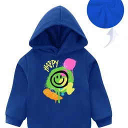 KAVEE Fleece Full Sleeves Smiley Printed Hooded Sweatshirt - Royal Blue-picture-12