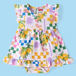 Babyhug 100% Cotton Knit Frill Sleeves Frock Style Onesie with Oranges Print - White-image-56