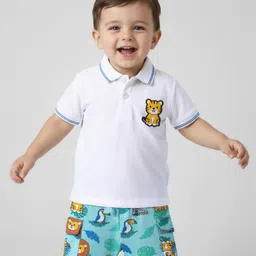 Babyhug Single Jersey Knit Half Sleeves Polo T-Shirt & Shorts Set with Jungle Theme Print & Patch Detailing - Light Blue & White-picture-30
