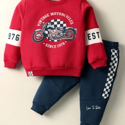 CUCUMBER Fleece Knit Full Sleeves Night Suit with Sport Theme Print - Red-picture-23
