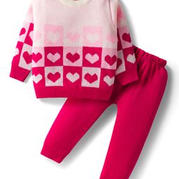Babyhug Knitted Full Sleeves Pullover Sweater Set With Heart Design - Pink-picture-8