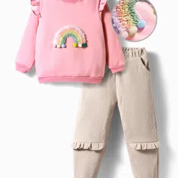 Mark & Mia Full Sleeves Winter Wear Sweatshirt & Pant Set with Rainbow Applique & Frill Detailing - Pink-picture-14