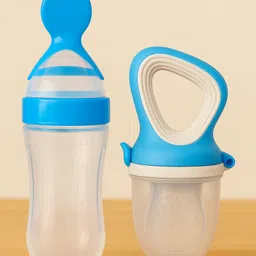 Badal Kidz Presents Combo BPA Free Silicone Spoon Bottle & Fruit/Food Nibbler- Blue & Blue-picture-11