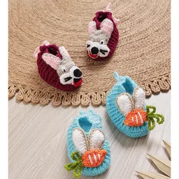 MayRa Knits Pack Of 2 Hand Knitted Woven Bunny Applique Detailed Set Of Booties - Magenta & Blue-image-75