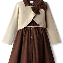 Hola Bonita Knit Full Sleeves Solid Shirt Style Dress with Belt Shrug & Bow Applique - Brown & Beige image 2