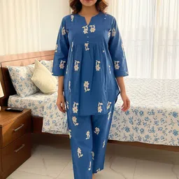 Zeyo Floral Printed Three-Quarter Sleeves Pure Cotton Kurti With Pyjama-image-57