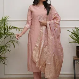 HERE&NOW Women Ethnic Motifs Embroidered Regular Thread Work Chanderi Silk Kurta with Trousers & With Dupatta-picture-21