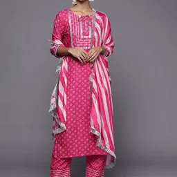 Varanga Women Pink Bandhani Printed Kurta with Trousers & With Dupatta image 5