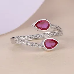 ornate jewels 925 Silver Pear Red Ruby and American Diamond Leaf Design Bypass Ring for Women & Girls image 1