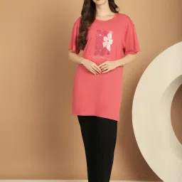 Kanvin Pink & Black Cotton Printed Tunic Pyjamas Set image 1