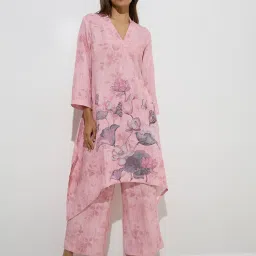 Zuba by Westside Pink Floral Design High-Low Kurta image 1