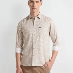 arrow sport Arrow Sports Beige Cotton Slim Fit Printed Shirt image 1