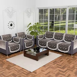 Aura Arabica Brown & Gold-Toned 16 Pieces Geometric Printed 5 Seater Velvet Sofa Covers-picture-40