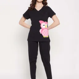 Clovia Black Cotton Printed Top Pyjamas Set image 1
