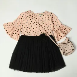 Bella Moda Kids Peach & Black Printed Fit & Flare Dress with Bag image 1