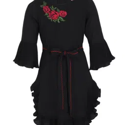 Cutecumber Kids Black Embroidred Dress With Ribbon Belt-image-36