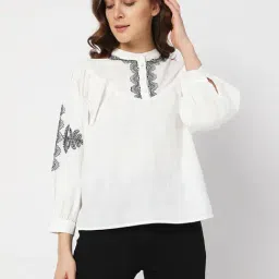 Vero Moda White & Black Cotton Embroidered Top-image-10