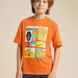 Jack & Jones Junior Boys Orange Printed Cotton T-shirt image 1