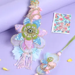 NVR Multicolor Stones & Beads Bhaiya Bhabhi Rakhi with Roli Chawal Chandan & Mishri - Set of 2 image 1