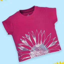 Kiddopanti Girls Fuchsia Pink Cotton Half Sleeves Printed Round Neck Tee image 1