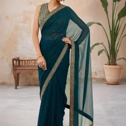 Soch Blue Embellished Saree With Unstitched Blouse image 1