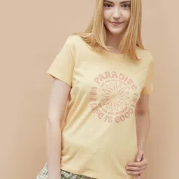 Ginger By Lifestyle Yellow Cotton Regular Fit Printed T-Shirt image 1